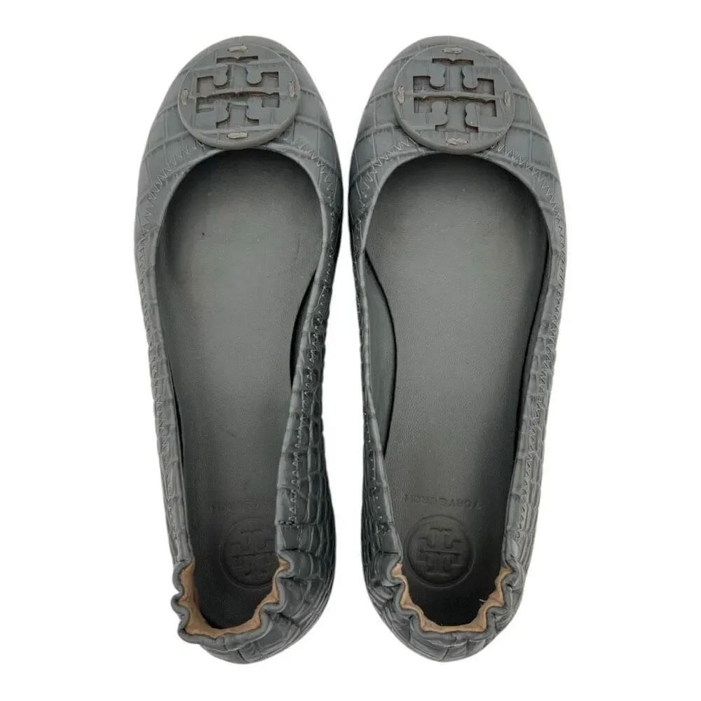 Tory Burch Women's Leather Croc Embossed Minnie Travel Ballet Flats Gray Sz 5.5